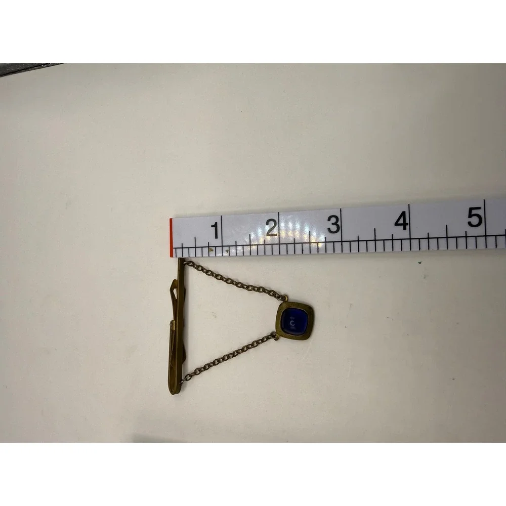 Vintage Brass Tie Bar Blue Cabochon Stone Dangling Chain Mens Accessory
